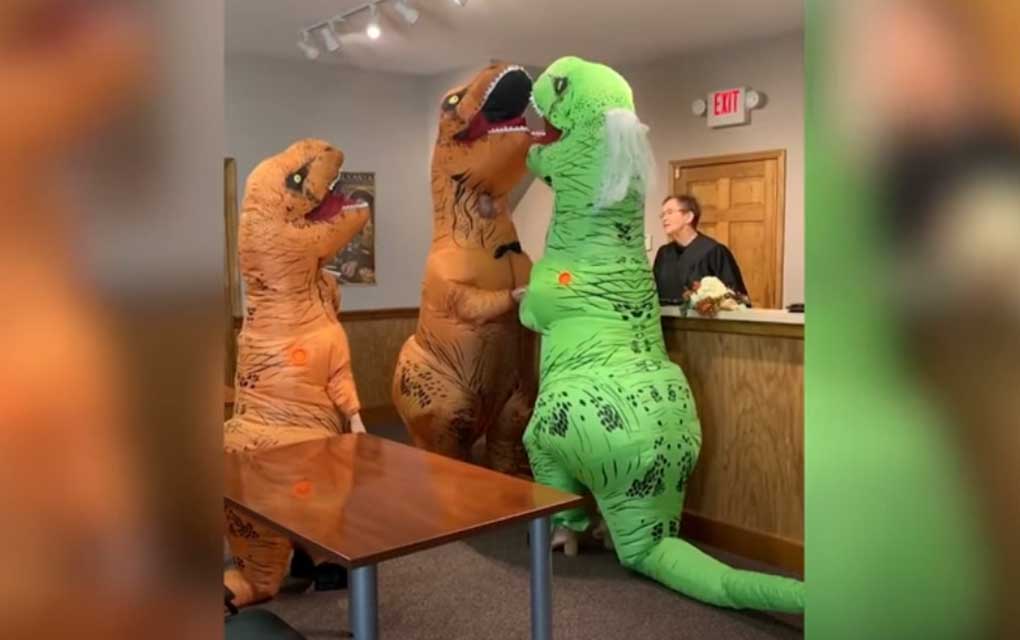 Pareja se casa con disfraces de dinosaurios
