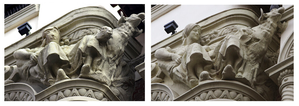 En este combo de fotografías se ve el antes (derecha) y después (izquierda) de que fue reparada la cabeza de una estatua en un edificio de Palencia, España, el 11 de noviembre de 2020. (AP)