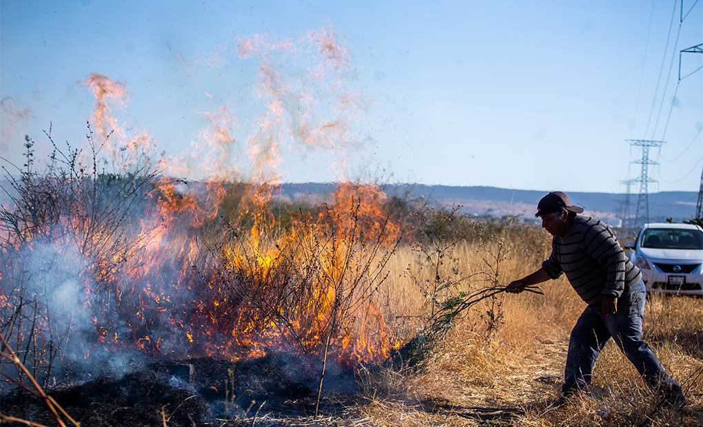 Cerca de la comunidad queretana de Balvanera, un hombre intenta apagar un fuego que salió de control y consumió más de 50 hectáreas de terreno. (YARHÍM JIMÉNEZ)