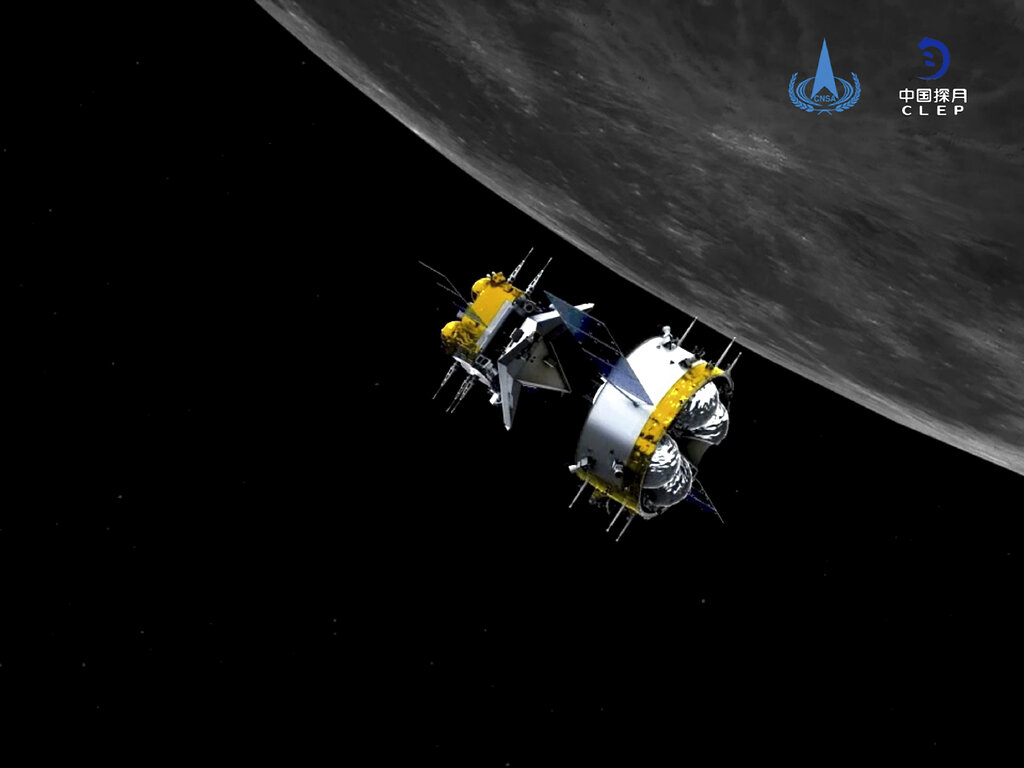 Esta ilustración muestra a la sonda orbital y el módulo de regreso de la nave china Chang'e 5 tras separarse del módulo de ascenso. (AP)
