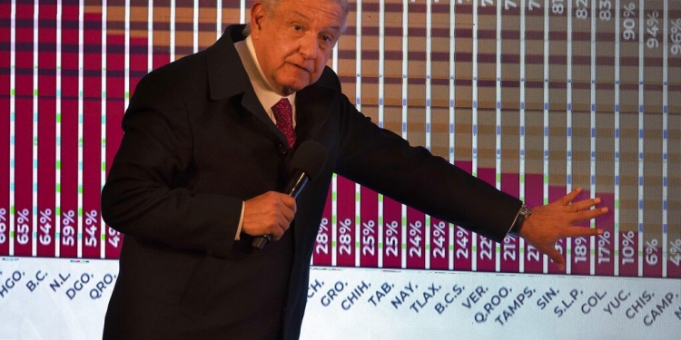 El presidente Andrés Manuel López Obrador explica una gráfica sobre las camas de hospital disponibles por estado durante su conferencia de prensa diaria, el viernes 18 de diciembre de 2020 en el Palacio Nacional de la Ciudad de México. (AP)