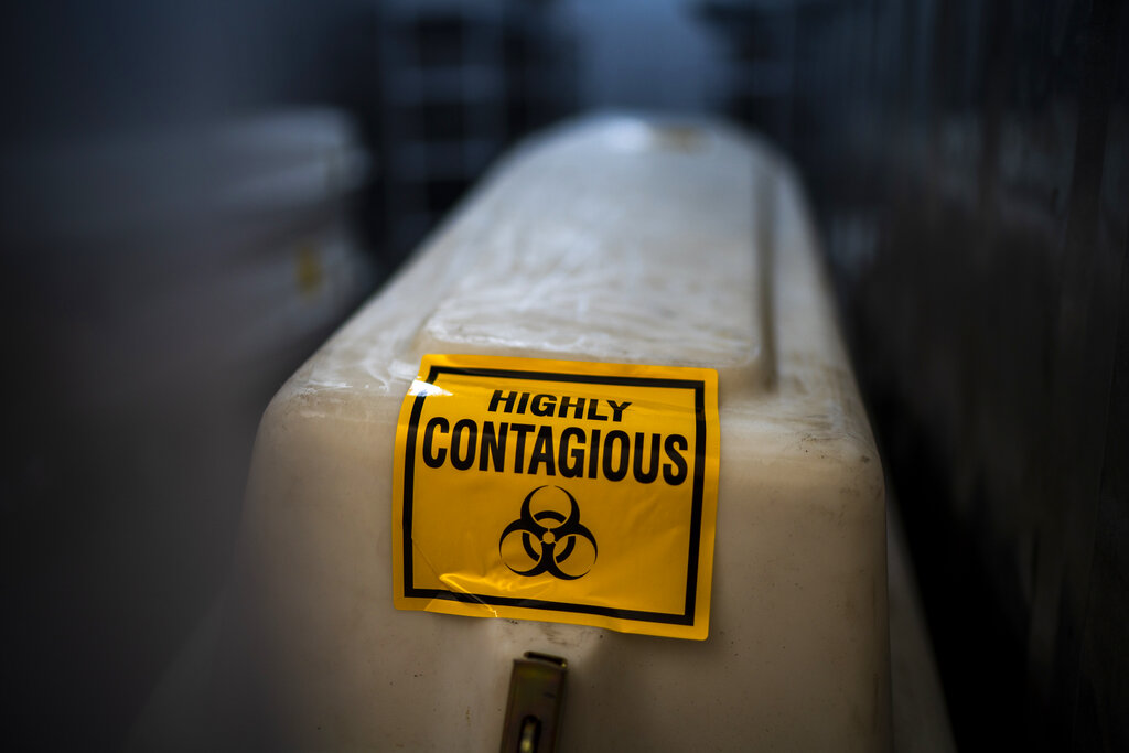 Un ataúd sellado, con los restos de una víctima del coronavirus, almacenado en un contenedor refrigerado en Johannesburgo, el 2 de febrero de 2021. (AP Foto/Jerome Delay)