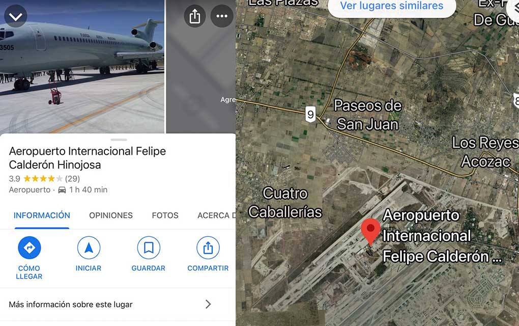 Cambian en Google Maps al aeropuerto 'Felipe Ángeles' como 'Felipe Calderón'