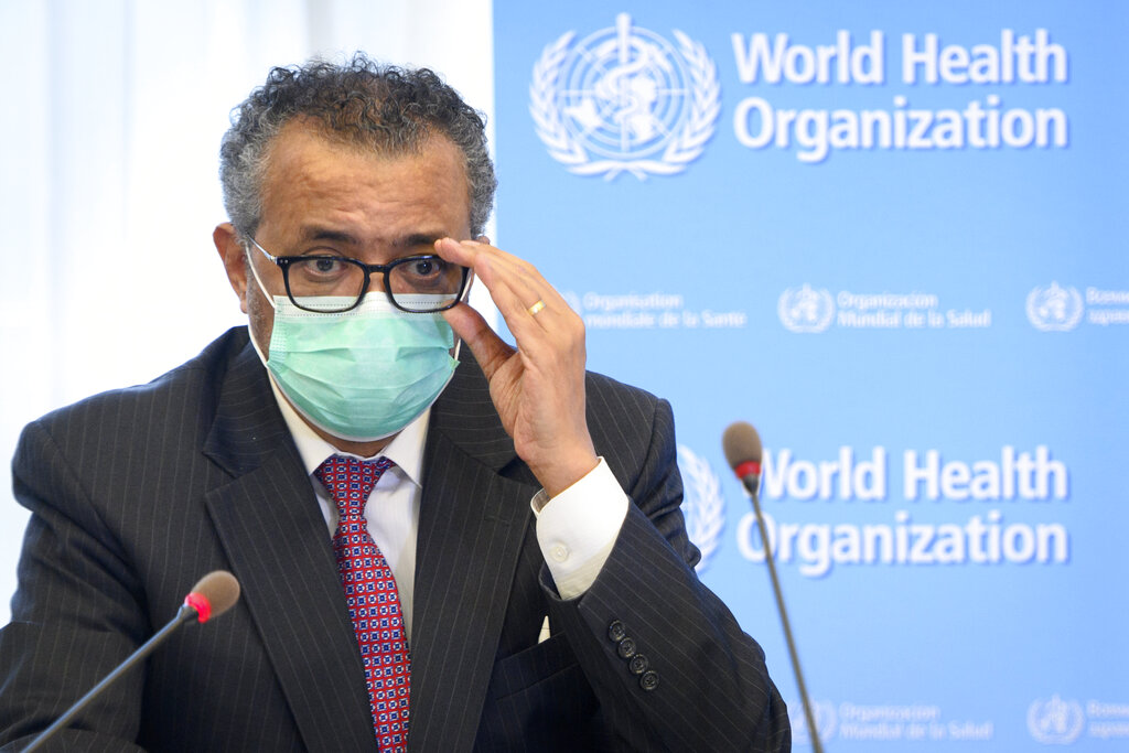 Foto tomada el 24 de mayo de 2021 en Ginebra de  Tedros Adhanom Ghebreyesus, director de la Organización Mundial de la Salud.  (Laurent Gillieron/Keystone via AP, File)