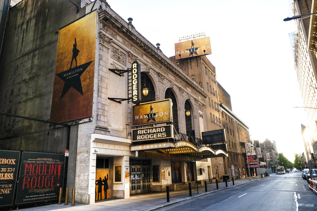 El Richard Rodgers, casa del musical Hamilton, el 13 de mayo de 2020 en Nueva New York. (AP)