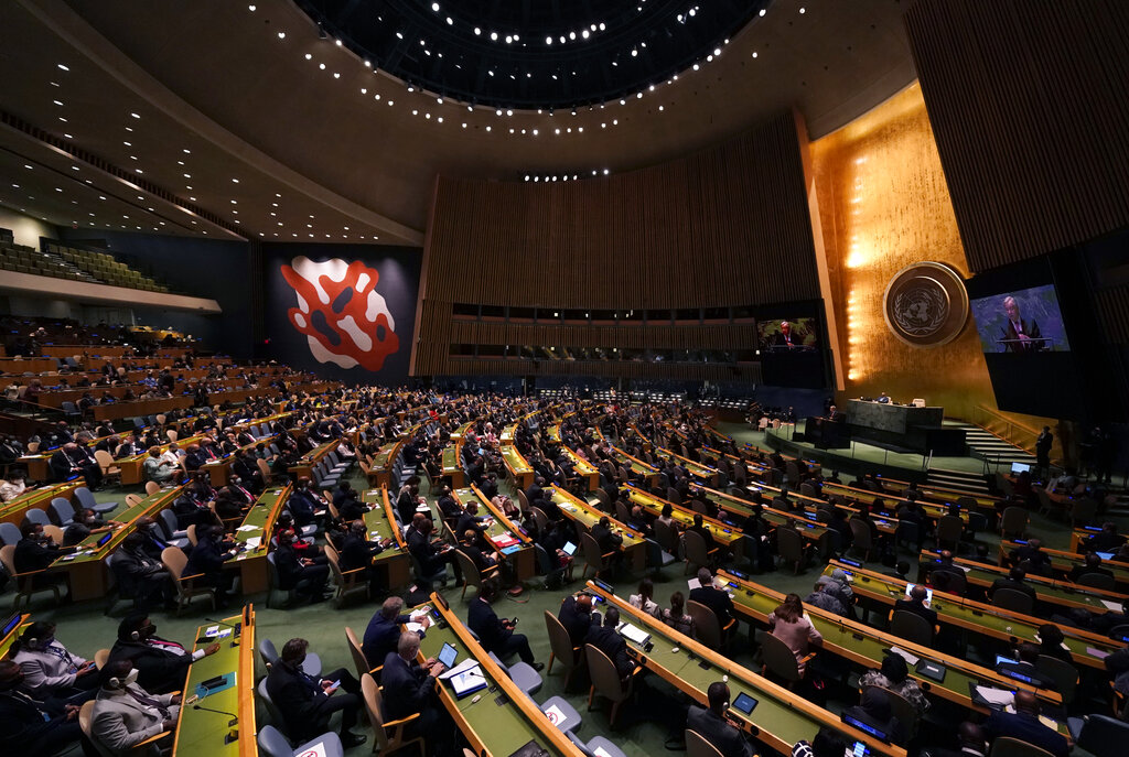 El secretario general de Naciones Unidas, António Guterres, inaugura la 76 sesión de la Asamblea General, en la sede del organismo en Nueva York, el 21 de septiembre de 2021. (Timothy A. ClaryPool Photo via AP)