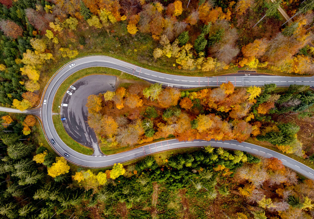 Árboles en tonos otoñales rodean una carretera en la región de Taunus, cerca de Fráncfort, el martes 2 de octubre de 2021. (AP Foto/Michael Probst)