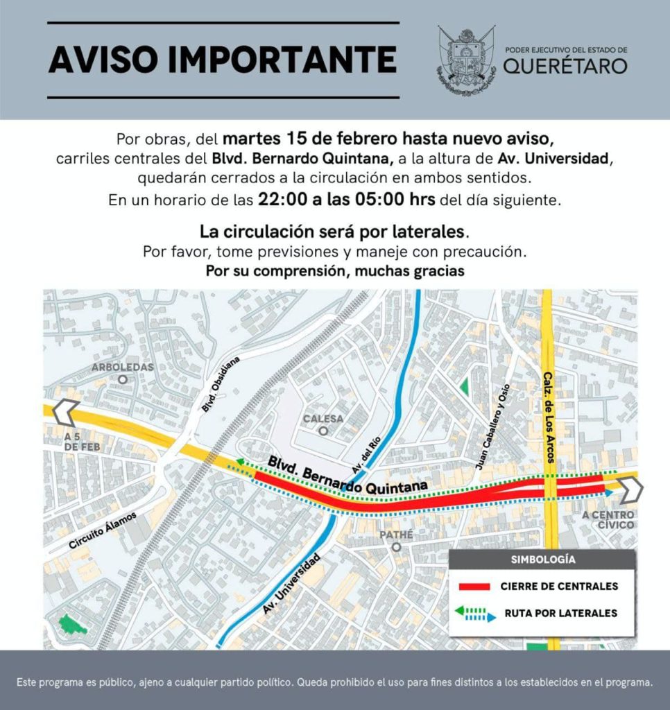 Realizarán obras en el Boulevard Bernard Quintana, en Querétaro