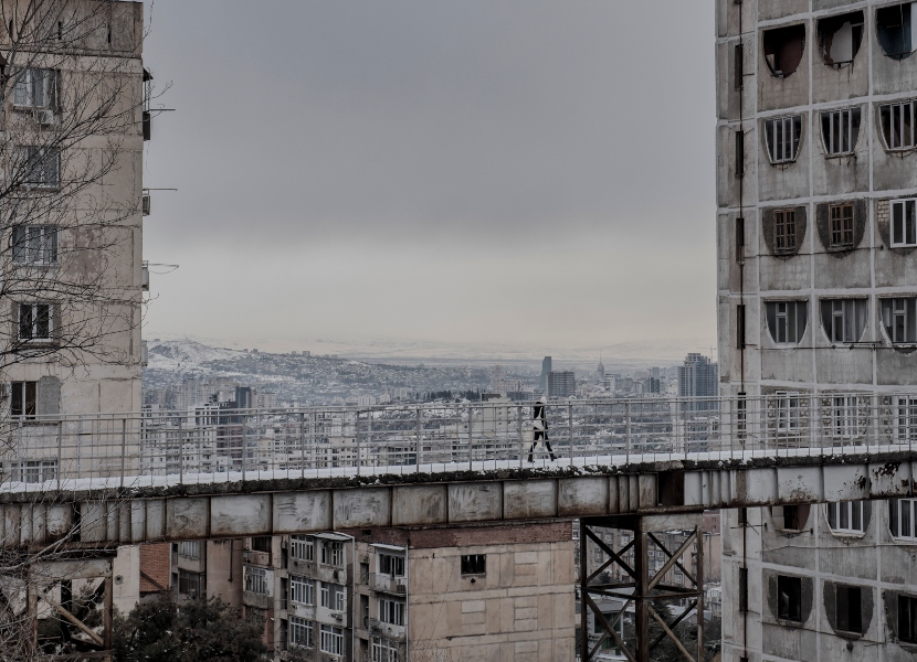 A Soviet-era housing complex in Tbilisi, Georgia, on March 14, 2022. Russia invaded Georgia in 2008. To many Georgians, that means the country should stand unequivocally with Ukraine. But the government is more cautious. (Laetitia Vancon/The New York Times)