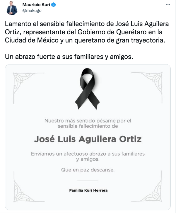 Kuri González expresasu pésame por el fallecimiento de José Luis Aguilera Ortíz