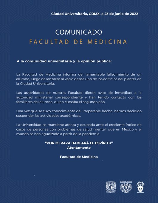 Comunicado de la Facultad de Medicina de la UNAM