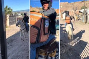 Repartidor se viraliza por hacer entregas a caballo