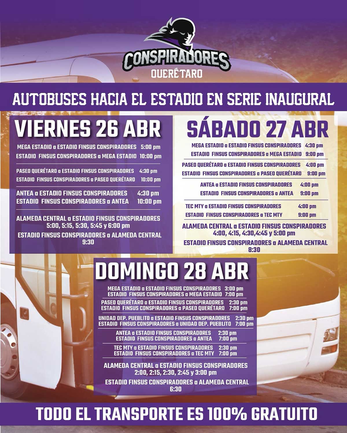 Rutas gratuitas al Estadio Conspiradores de Querétaro por serie inaugural