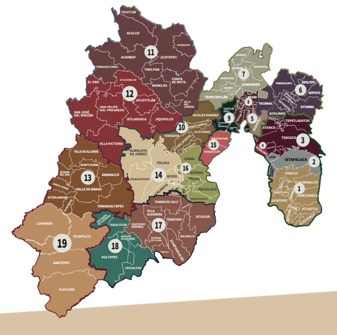 La división queda conformada por siete zonas en las que se distribuyen 19 regiones.